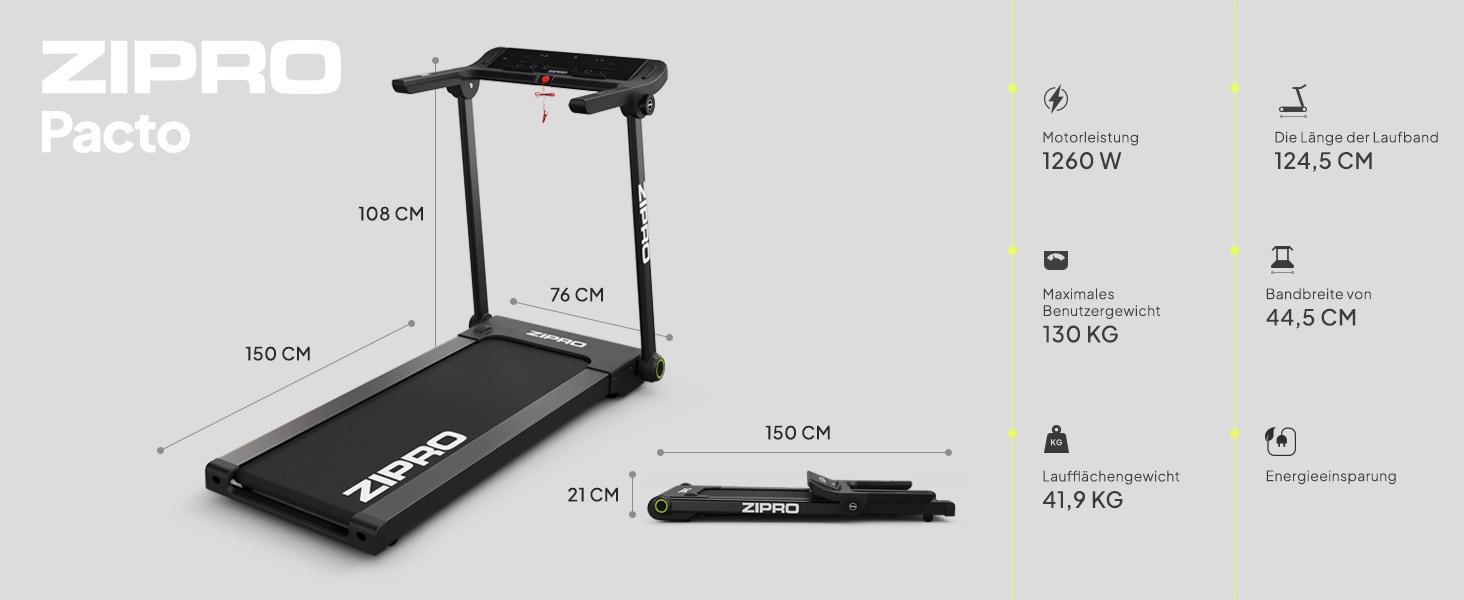 Біговий тренажер ZIPRO для дому, складаний, 1-16 км/год з APP, компактний Walking Pad з Bluetooth та MP3, тихий Walkingpad з LED-дисплеєм (Pacto)