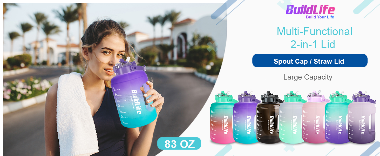 Спортивна пляшка BuildLife 2,5 л з міткою часу та двома кришками - без BPA - для залу (2500 мл, чорна) Чорна 2500 мл