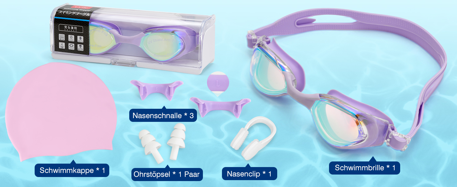 Окуляри для плавання Unisex дорослі Anti-Fog, UV-захист, герметичні, 3D-силікон, фіолетові + комплект аксесуарів (чохол, шапочка, затискач для носа, беруші)