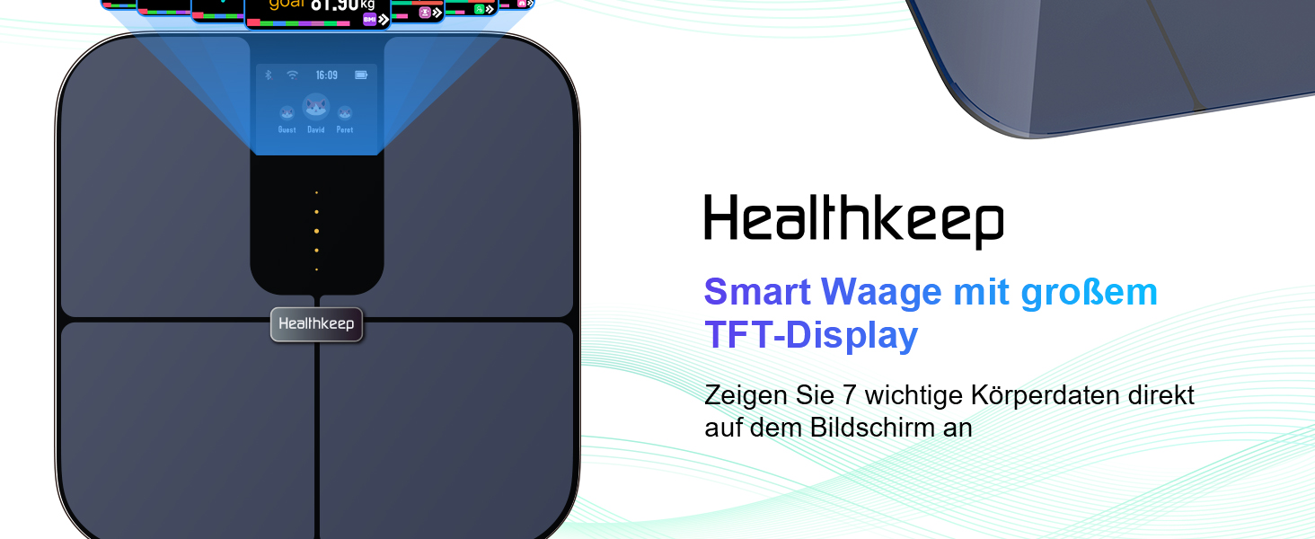 Розумні ваги Healthkeep з Bluetooth, TFT-дисплеєм, ITO, вимірюванням 25 параметрів тіла та пульсу, для Android і iOS, до 180 кг, сині