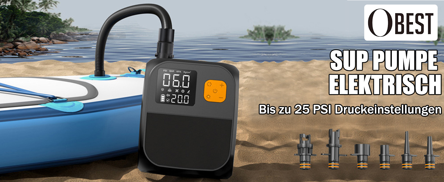 Електричний насос для SUP дошки OBEST з акумулятором 8000mAh, LED ліхтарик, швидка інфляція для SUP, кайтсерфінгу, намету, матрацу, каяка