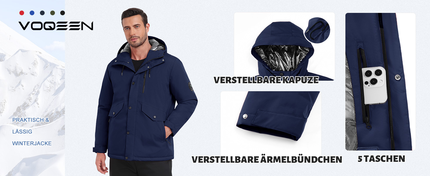 Водонепроникна зимова куртка Voqeen для чоловіків, тепла сноуборд куртка з капюшоном, вітрозахисна Outdoor куртка з термо функцією, Softshell Windbreaker для туризму, червона, XL