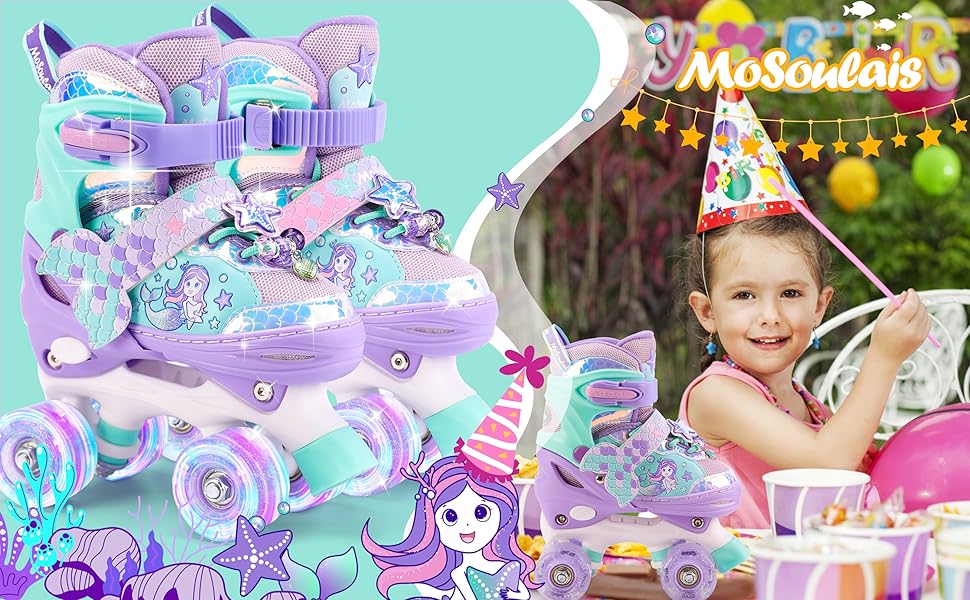 Дитячі ролики Meerjungfrau для дівчаток, 4 розміри, регульовані, з підсвічуванням, для початківців, фіолетові