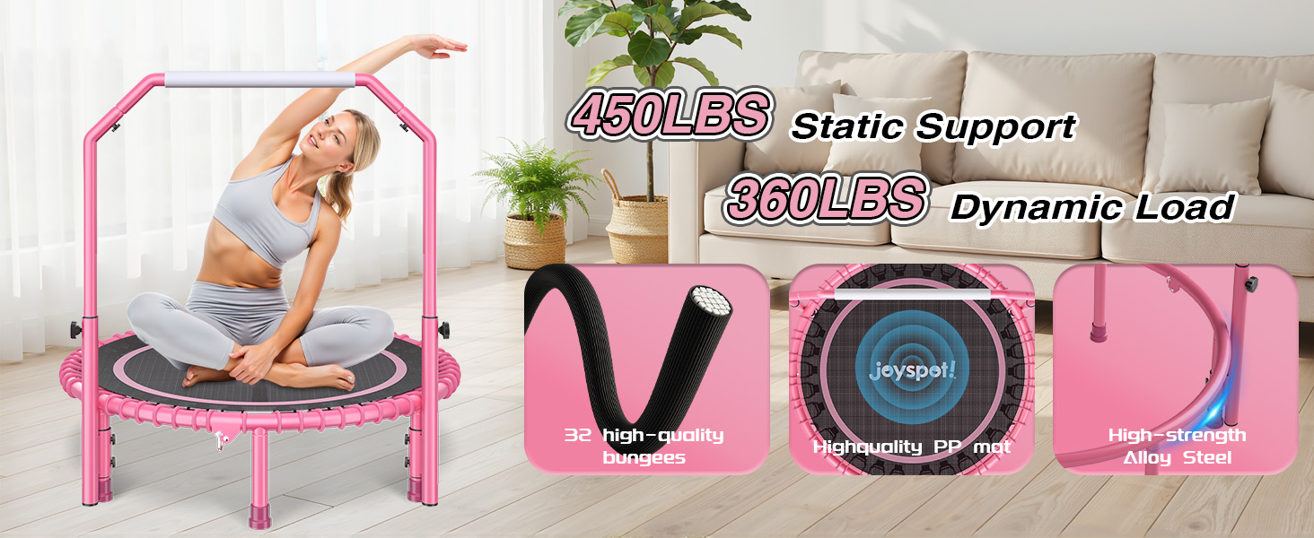 Міні-батут для фітнесу JOY SPOT! Ø102 см, складний, з пружинами та регульованою ручкою, вантажопідйомність 204 кг, для дому та вулиці, з скакалкою