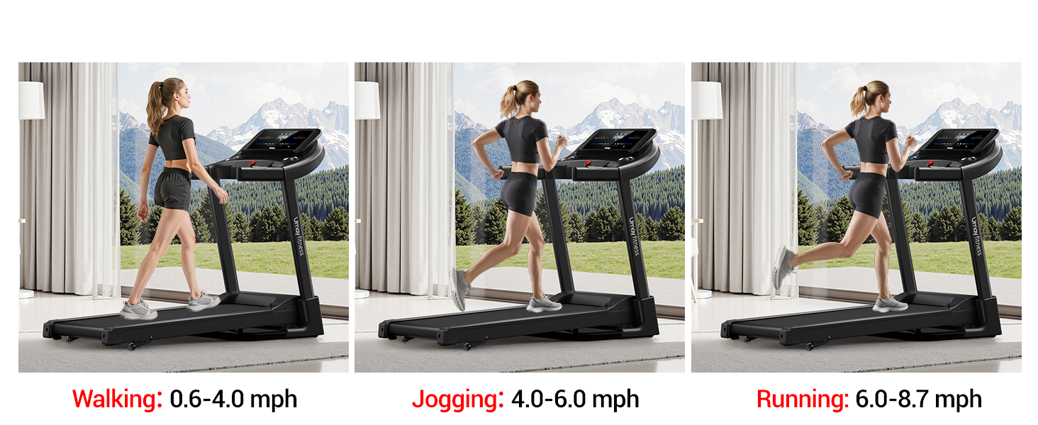 Біговий тренажер UMAY з нахилом 14 км/год, складаний для дому з мотором 3.0 PS та 3 рівнями нахилу, 12 програм тренувань, максимальне навантаження 136 кг, нахил 15%