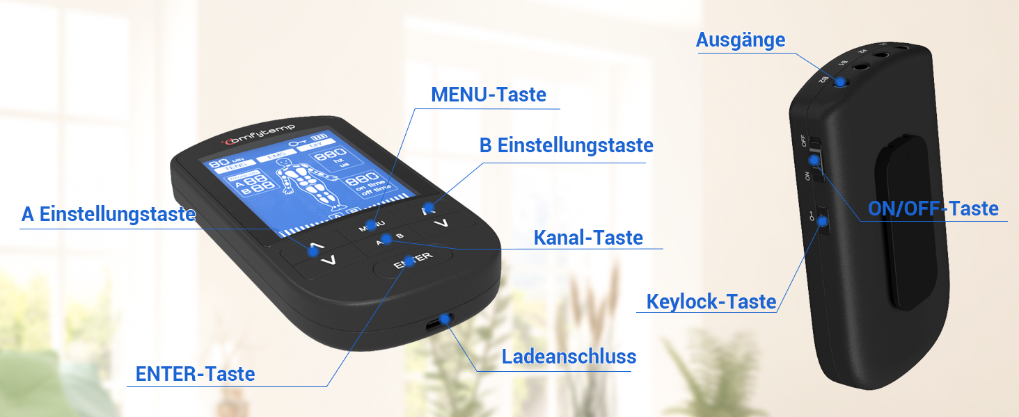 Пристрій TENS/EMS Comfytemp K6106 з 4 каналами та 8 електродами для терапії болю та масажу, 24 режими, 10 електродів