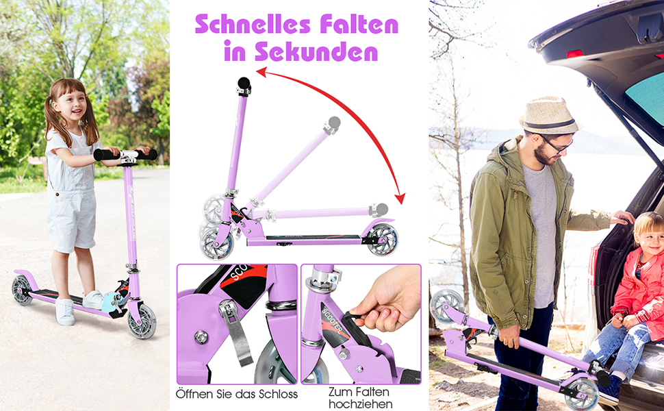 Дитячий ролер COSTWAY з LED-колесами, регульована висота, для дітей від 4 років, до 70 кг, ролер-каталка для хлопчиків та дівчаток (фіолетовий)