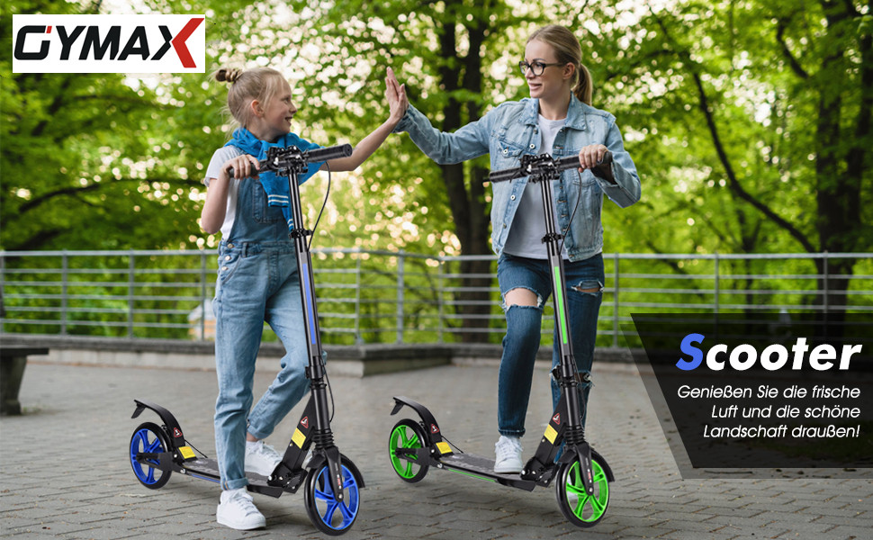 GYMAX Станкер для трюків (вікові обмеження: діти та дорослі), розкладний, з колесами 200 мм, подвійна підвіска, дзвінок та ремінь для перенесення, до 100 кг, блакитний