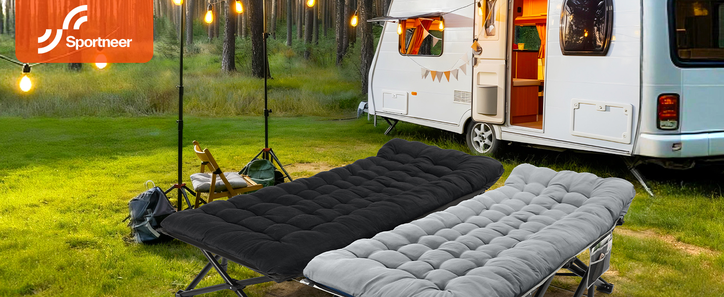 Розкладне ліжко Sportneer для кемпінгу та відпочинку: 200x81x47 см, чорне, з матрацом та сумкою для зберігання