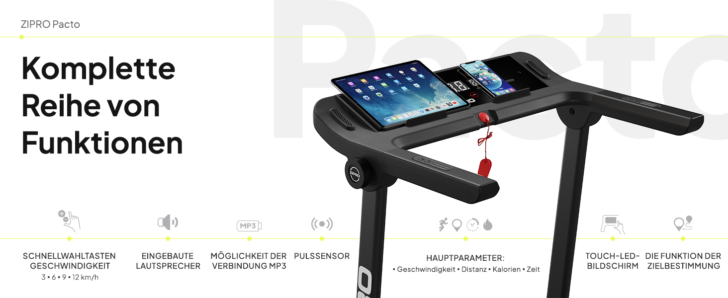 Біговий тренажер ZIPRO для дому, складаний, 1-16 км/год з APP, компактний Walking Pad з Bluetooth та MP3, тихий Walkingpad з LED-дисплеєм (Pacto)