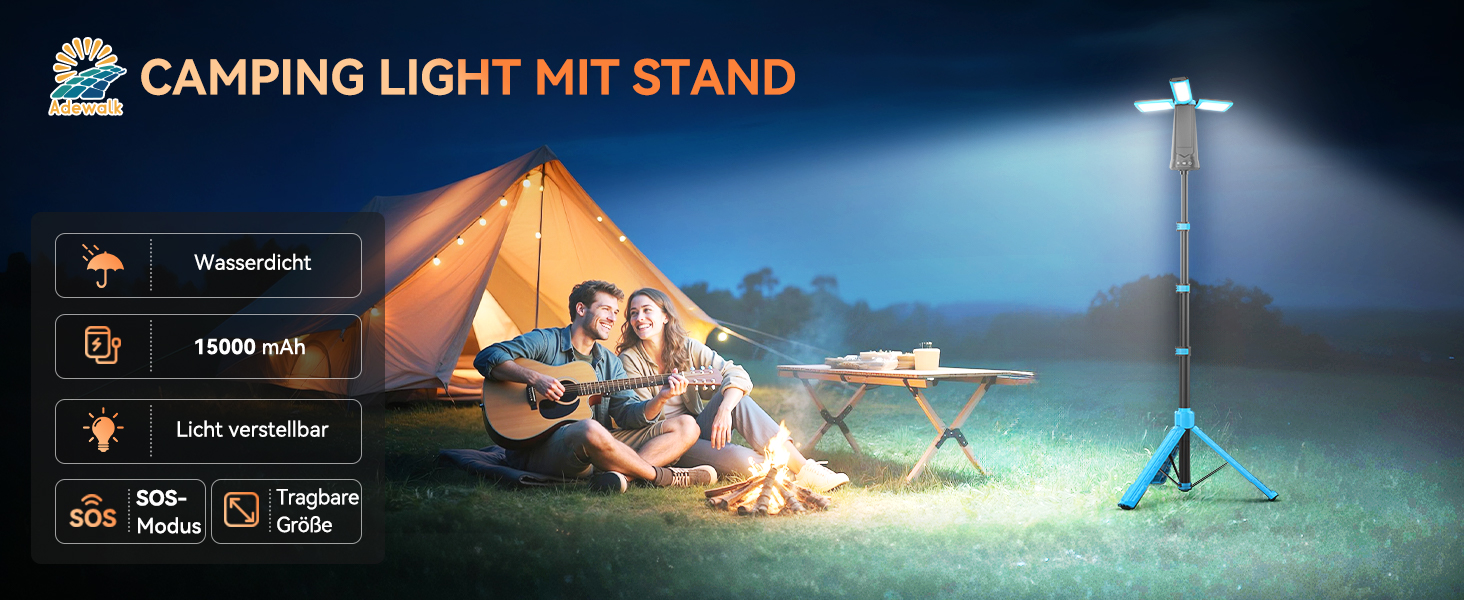 Портативна LED кемпінгова лампа 15000mAh з регулюванням яскравості, штативом, IP65, для кемпінгу, подорожей, будівництва та надзвичайних ситуацій, блакитна