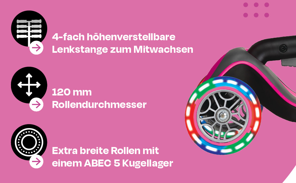 Самокат GLOBBER Elite Roller для дітей від 3 років, 3-колісний, з LED-підсвічуванням рожевого кольору, регульована висота, підшипники ABEC 5