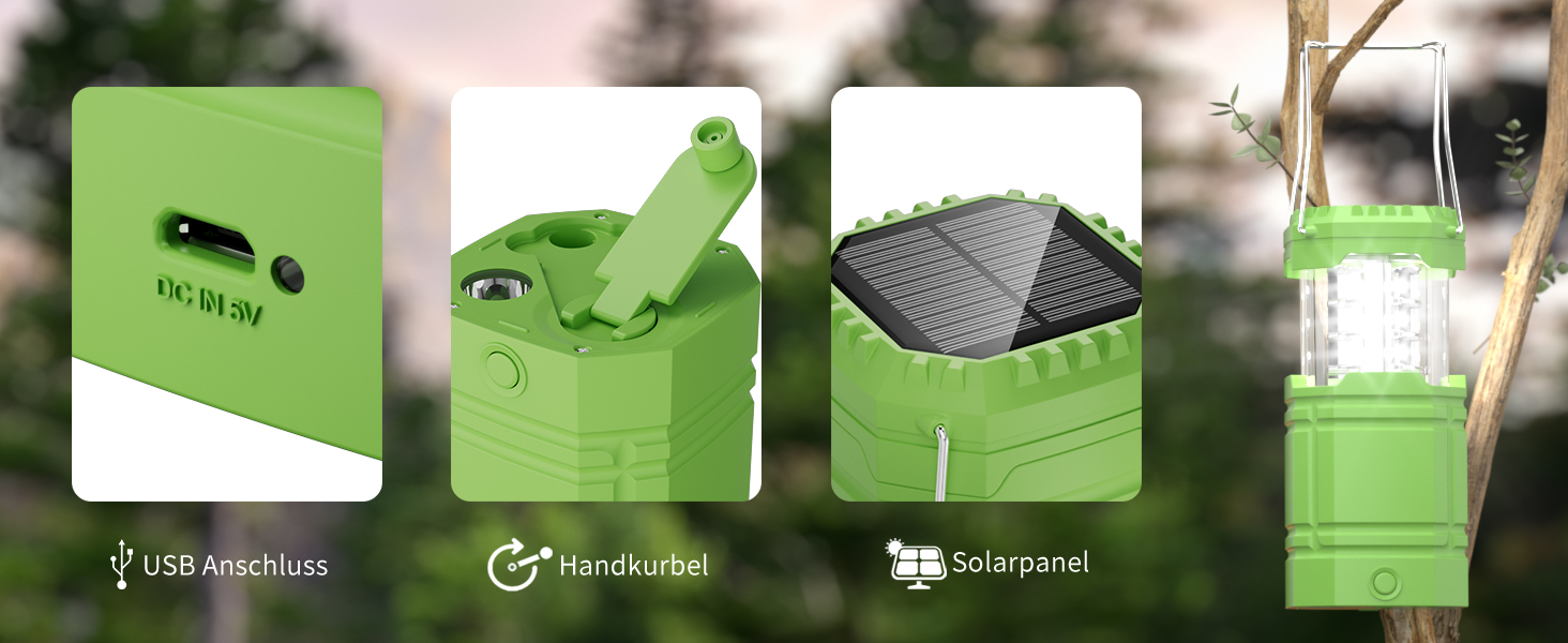 Сонячна кемпінгова лампа LED, водонепроникна, з ручкою, акумулятор 3000mAh, для туризму, риболовлі, SOS, відключень електроенергії (зелена)