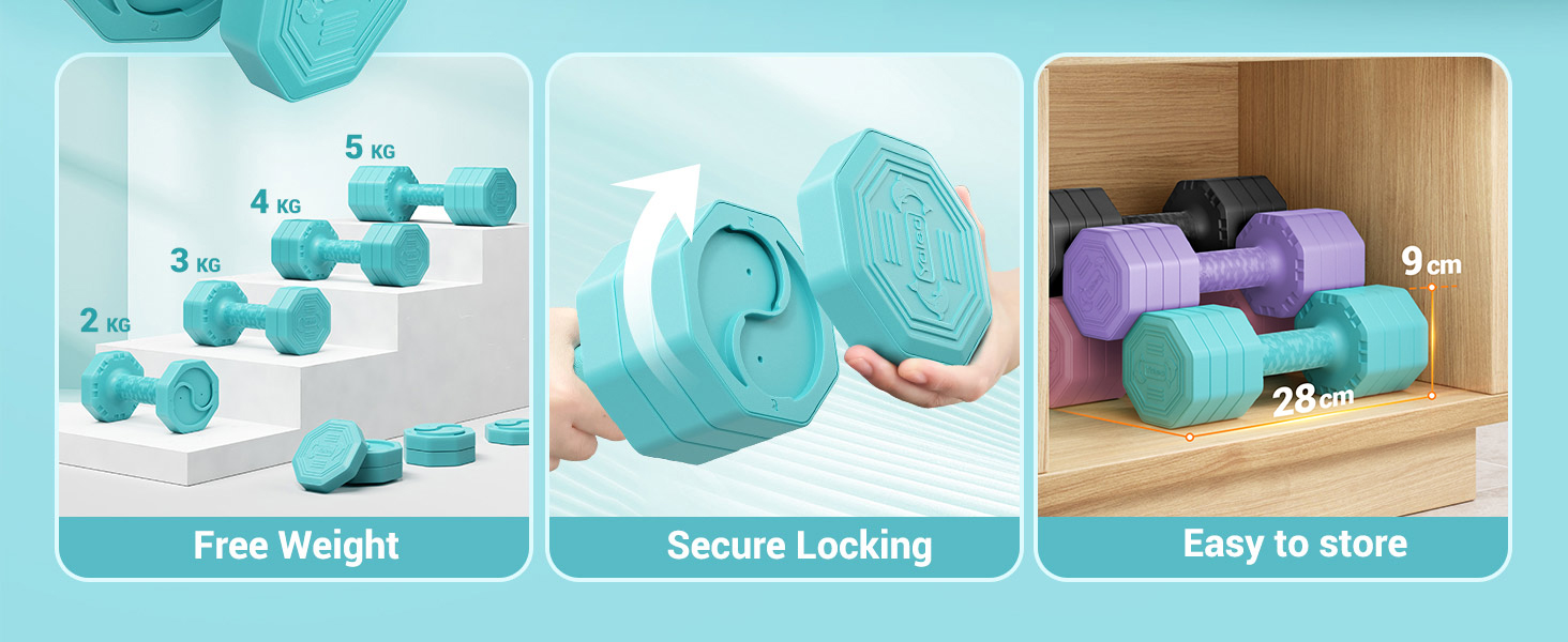 Набір гантелей Yoleo регульовані 2/4 шт. для дому, 2 кг, 3 кг, 4 кг, 5 кг, з м'яким TPU-покриттям, для тренувань всього тіла (блакитні)