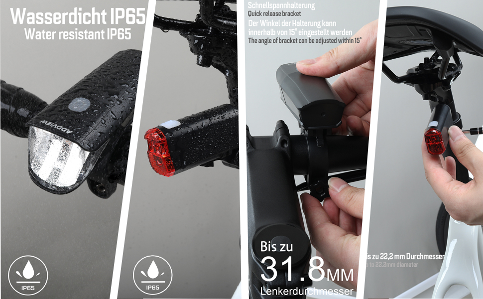 Набір велосипедних ліхтарів 40 Lux Stellar: переднє та заднє світло, сертифіковане StVZO, водонепроникне, LED з індикатором заряду батареї, для щоденного використання та їзди на роботу