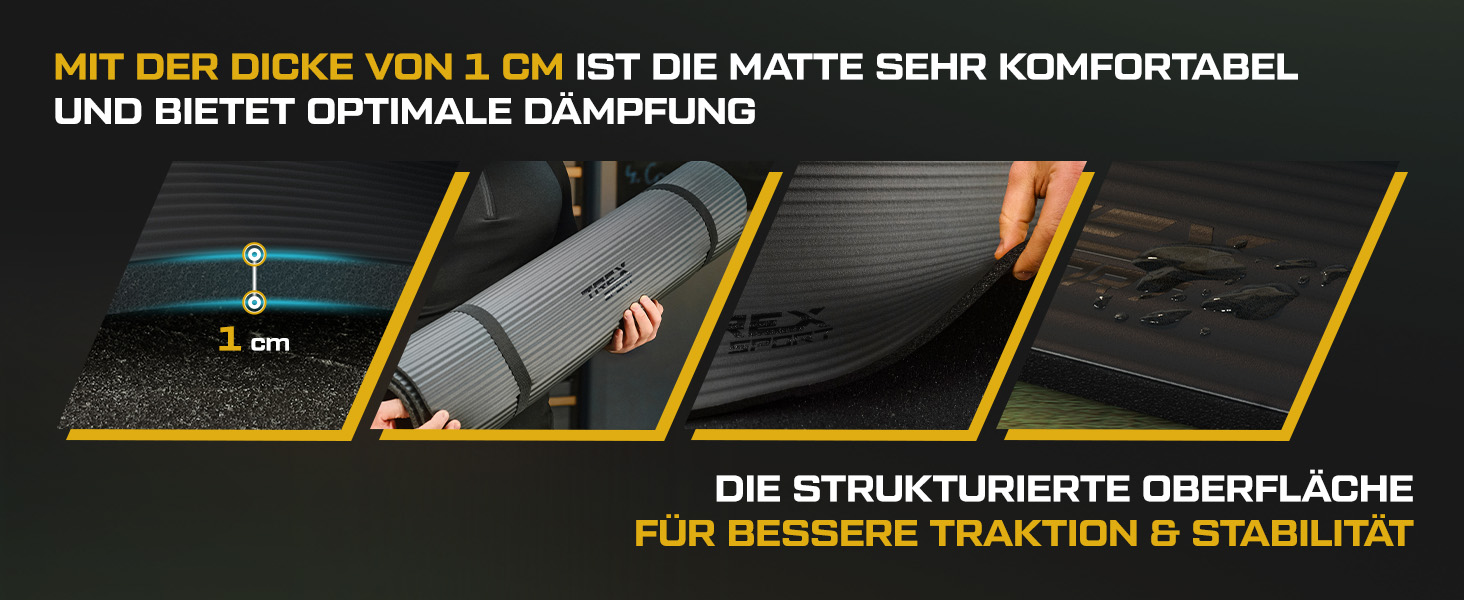 TREX SPORT Килимок для гімнастики та фітнесу | Товстий та м'який, 190x80x1 см, з ручкою для перенесення, чорний | Килимок для йоги з антиковзаючим покриттям