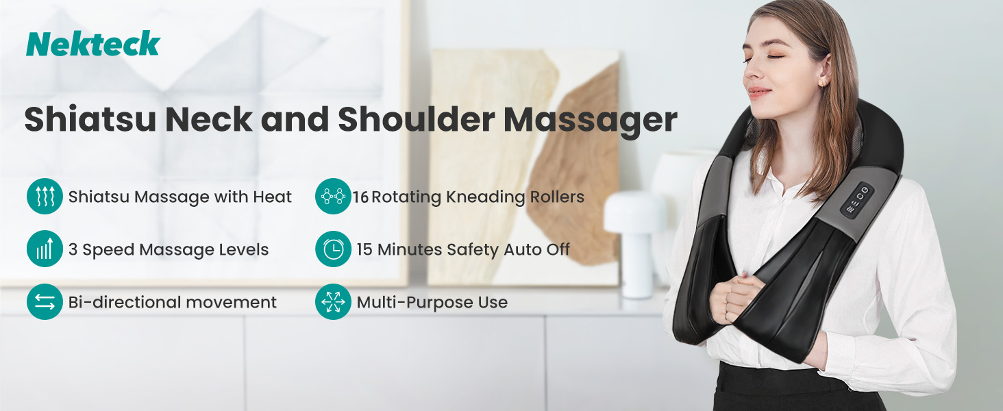 Масажер для шиї та спини Nekteck Shiatsu з підігрівом, електричний 3D-масажер для тіла, розслаблююча масажна подушка для шиї, спини, плечей, ніг, зняття болю в м'язах, для дому, офісу та авто, чорний