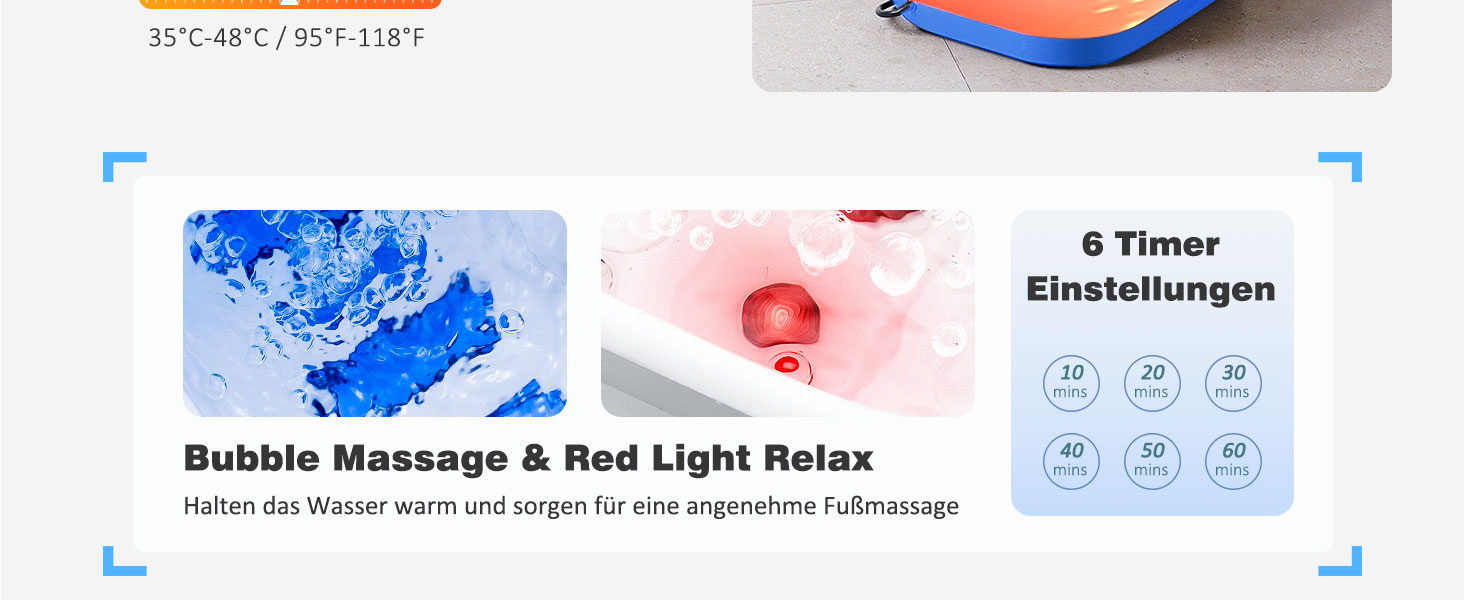 Ванночка для ніг з масажем та підігрівом, таймером – складана ванночка з бульбашками та пемзою, масажер для ніг з водою та 8 роликів – ідеальний подарунок (Блакитний)