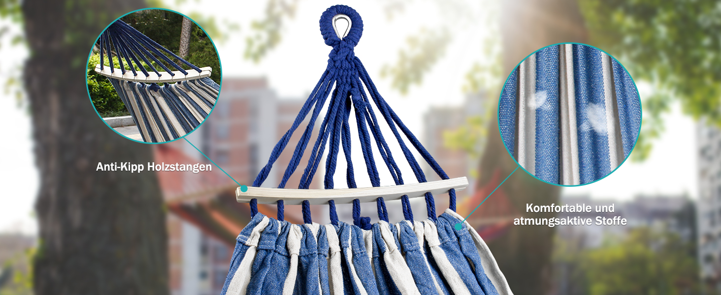 Гамак для відпочинку на відкритому повітрі: кемпінговий гамак з дерев'яною перекладиною, ременями та сумкою. Підходить для дому, балкону, тераси, саду, подорожей з рюкзаком. Колір: блакитний