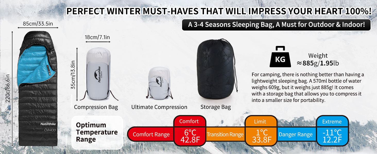 Спальний мішок Naturehike CW400 ультралегкий пуховий для дорослих, 650FP, -11°C—6°C, з водонепроникним компресійним мішком, для походів, велопоїздок, кемпінгу