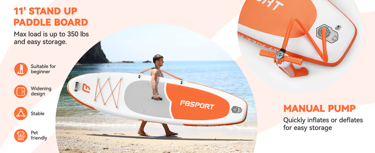 FBSPORT SUP дошка Stand Up Paddle 335 см для дорослих, надувна, з антиковзким покриттям, 160 кг, комплект з насосом та аксесуарами для йоги, подорожей, серфінгу, помаранчевий