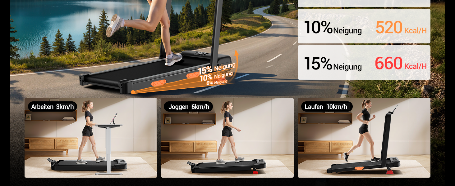 Складана бігова доріжка UMAY для дому з регулюванням нахилу 15%, Walking Pad для ходьби, макс. навантаження 136 кг, з LED-дисплеєм та пультом керування, чорна