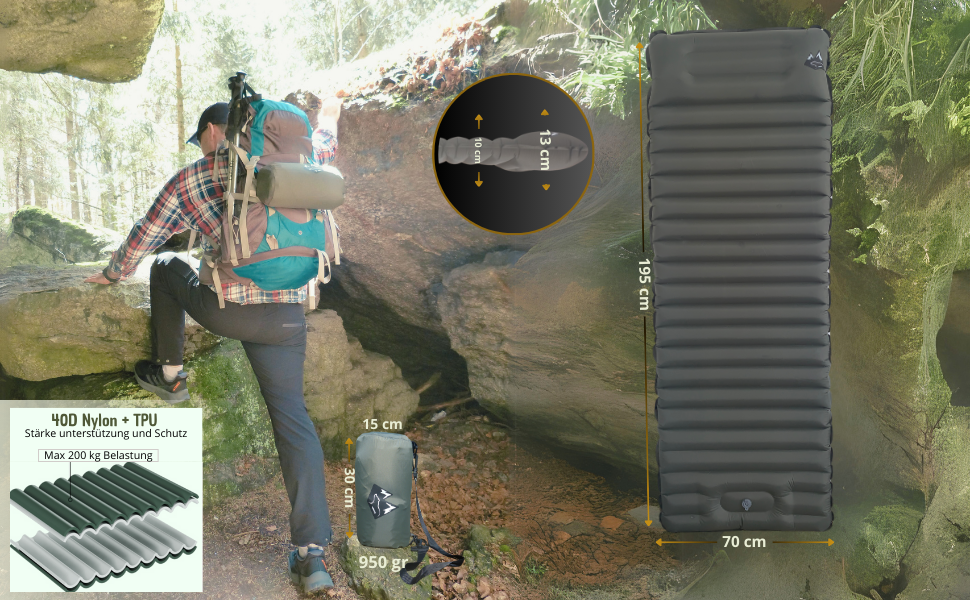 Надувний килимок BÄRBERG з самонадуванням та насосом для ніг, Ultralight, для кемпінгу, подорожей, фестивалів, басейну (Оливковий)