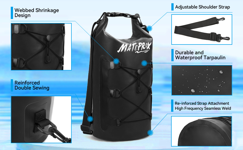 Водонепроникний мішок MATEPROX Dry Bag 5L/10L/20L з ролверхуванням - міцний та довговічний. Ідеально для плавання, катання на човні, рафтингу та кемпінгу. Кольори: блакитний 20L