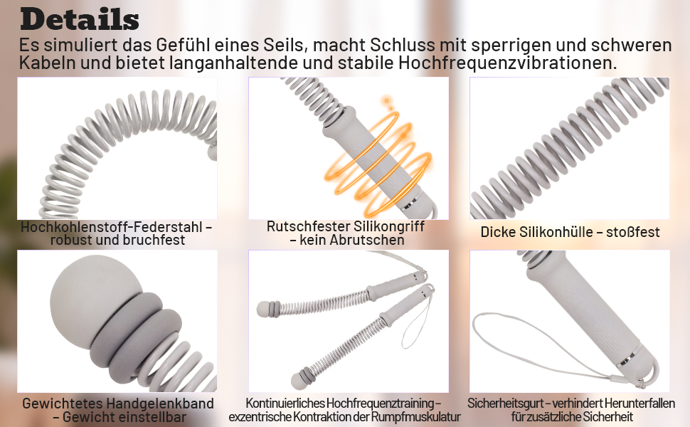 Бойова мотузка з навантаженням (без мотузки) - регульована бойова мотузка для дому, тиха мотузка без мотузки з силіконовими ручками для тренування всього тіла, спалювання жиру та силових тренувань (сіра)