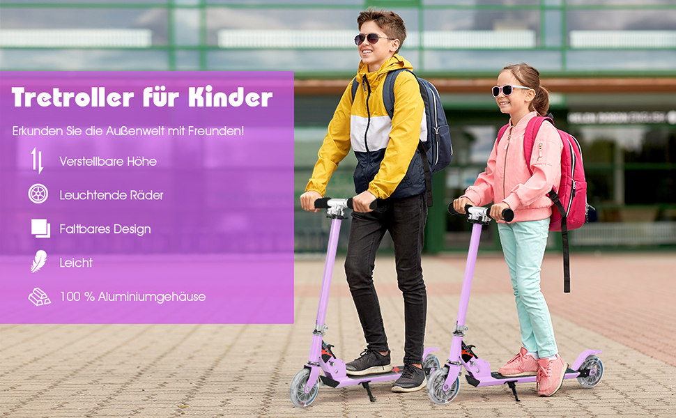 Дитячий ролер COSTWAY з LED-колесами, регульована висота, для дітей від 4 років, до 70 кг, ролер-каталка для хлопчиків та дівчаток (фіолетовий)