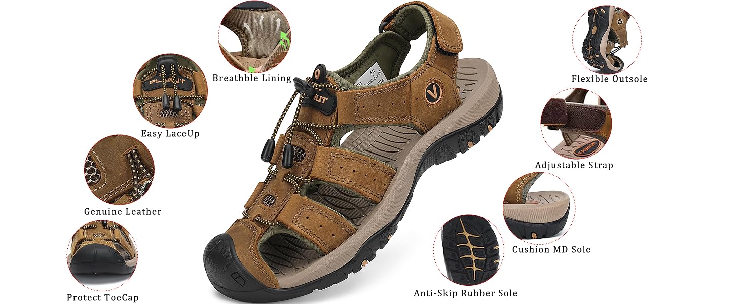 Чоловічі сандалі FLARUT для туризму, піших прогулянок та пляжу. Шкіряні трекінгові сандалі, спортивні літні кросівки 43 EU, чорні