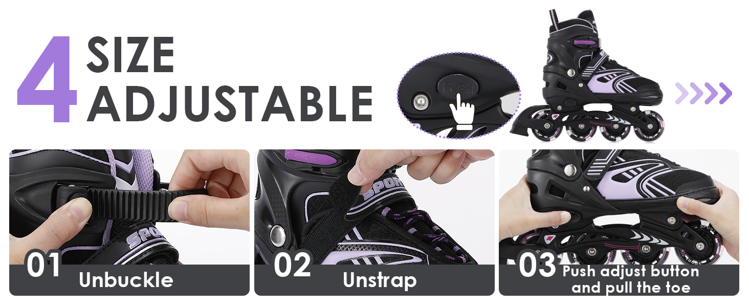 Інлайнерожі TOSHOO, ролики для дітей та дорослих, LED-колеса, регульовані розміри, ролики для катання, ролики для дівчаток та хлопчиків (S, фіолетовий)