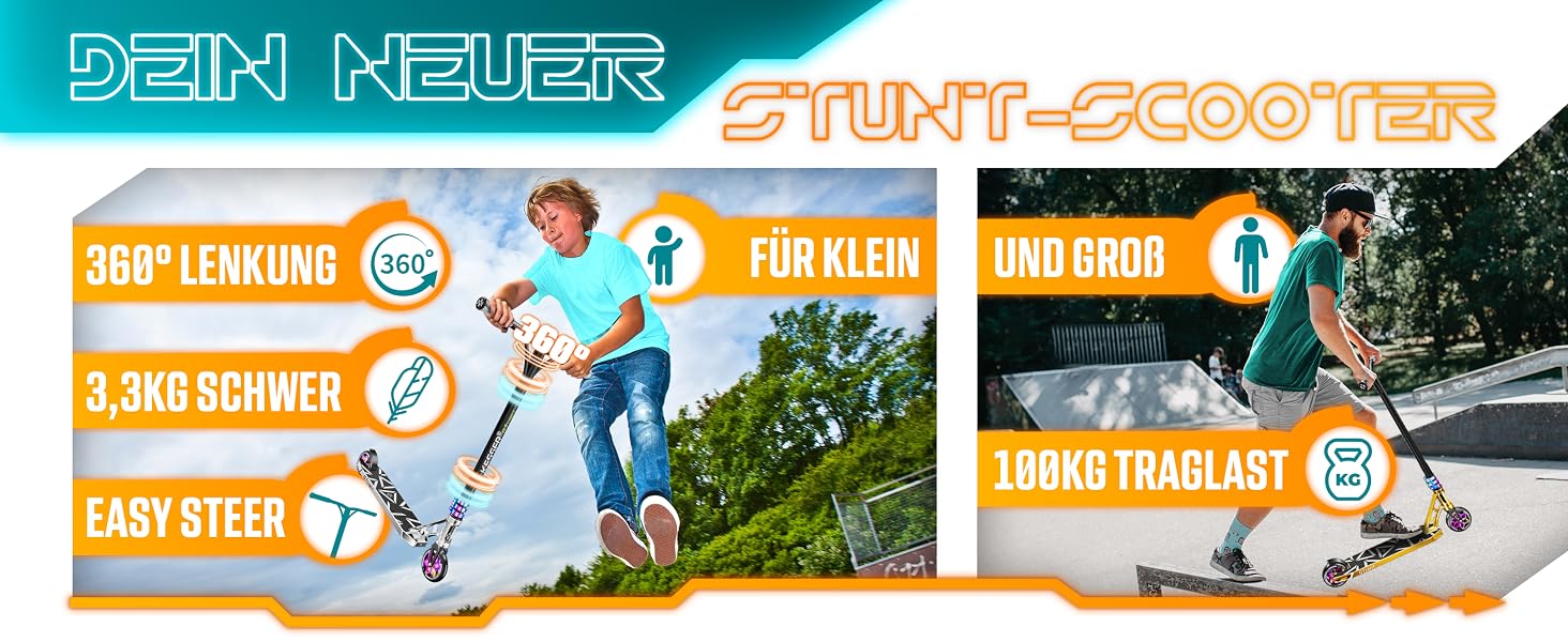 Трюковий самокат KESSER® GT-Limit 360° з підставкою, колеса PU 110 мм, підшипники ABEC 9 - для дітей та дорослих, золотий