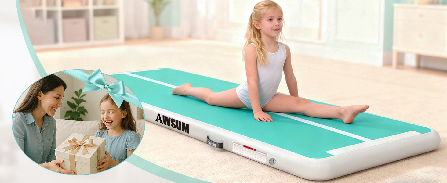 AWSUM Килимок для гімнастики надувний, 2/3/4/5/6м, для йоги, фітнесу, розтяжки, 10/20см товщина, 500x100x20см, м'ятно-зелений + чорний
