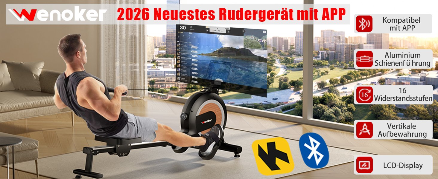 Веномкер тренажер для греблі, магнітний, для дому, 16 рівнів опору, 160 кг, з'єднання з APP, чорний