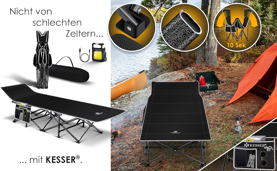 Кемпінгове ліжко KESSER®: складане, портативне, з сумкою, ліхтариком та бічною кишенею. Міцне металеве ліжко, 600D Oxford, чорне, 190 см