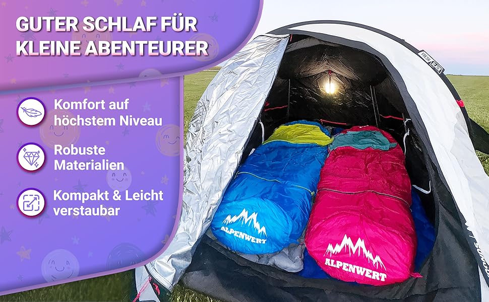 Дитячий спальний мішок Alpenwert® для літа – росте разом з дитиною! [130–170см] – Вага 920г, компактний [32×19см] – Ідеально для кемпінгу, фестивалів, відпочинку на природі – спальний мішок-кокон для дітей від 6 років, рожевий/світло-блакитний