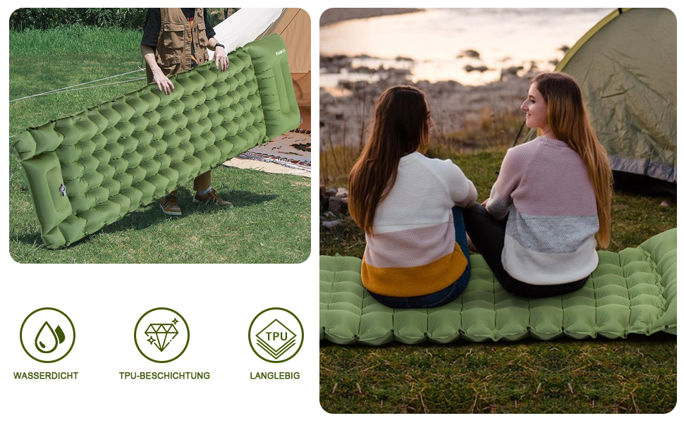 Надувний килимок для кемпінгу Isomatte, 10 см, самонадувний, з насосом, для туризму та відпочинку на природі (зелений, одинарний)