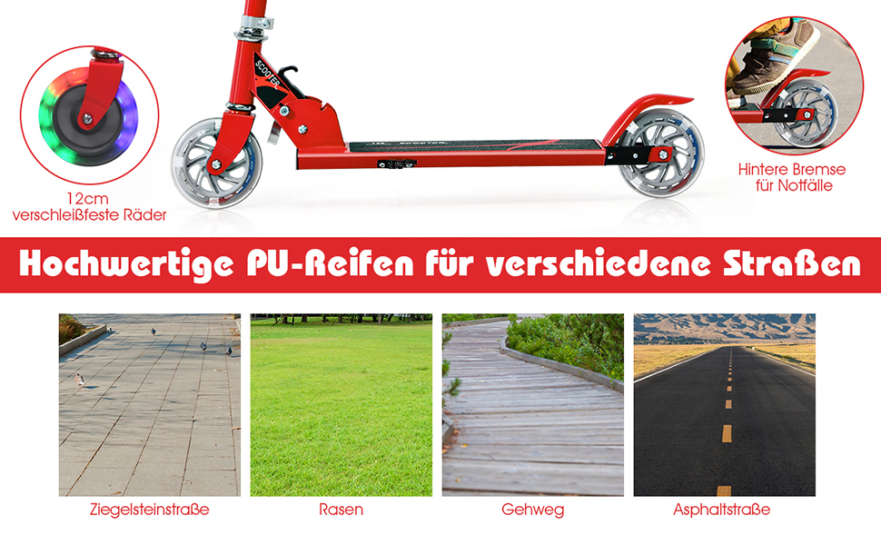 Дитячий ролер Costway з LED-колесами, для дітей від 4 років, до 70 кг, регульована висота, ролер-кіксктер для хлопчиків та дівчаток (червоний)