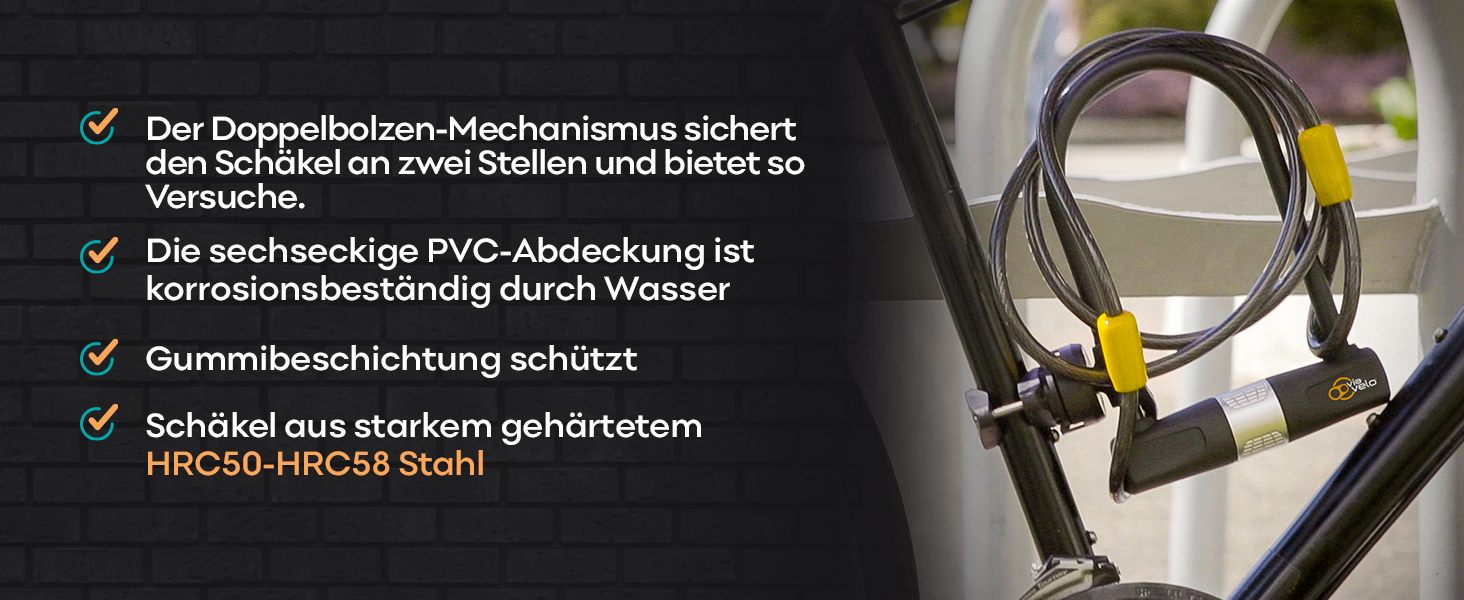 Блокиратор велосипедів Via Velo з кабелем, 14 мм дуга, 1,8 м кабель та кріплення – замок для електровелосипеда, шосе, MTB та складаного велосипеда, чорний