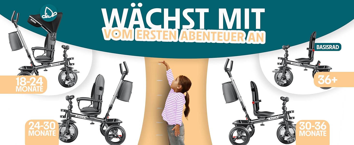 Дитяче триколісне велосипед KIDIZ 6в1 з батьківською ручкою, кошиком, дахом та гальмами. Підходить для дітей від 9 місяців до 25 кг. Рожевий.