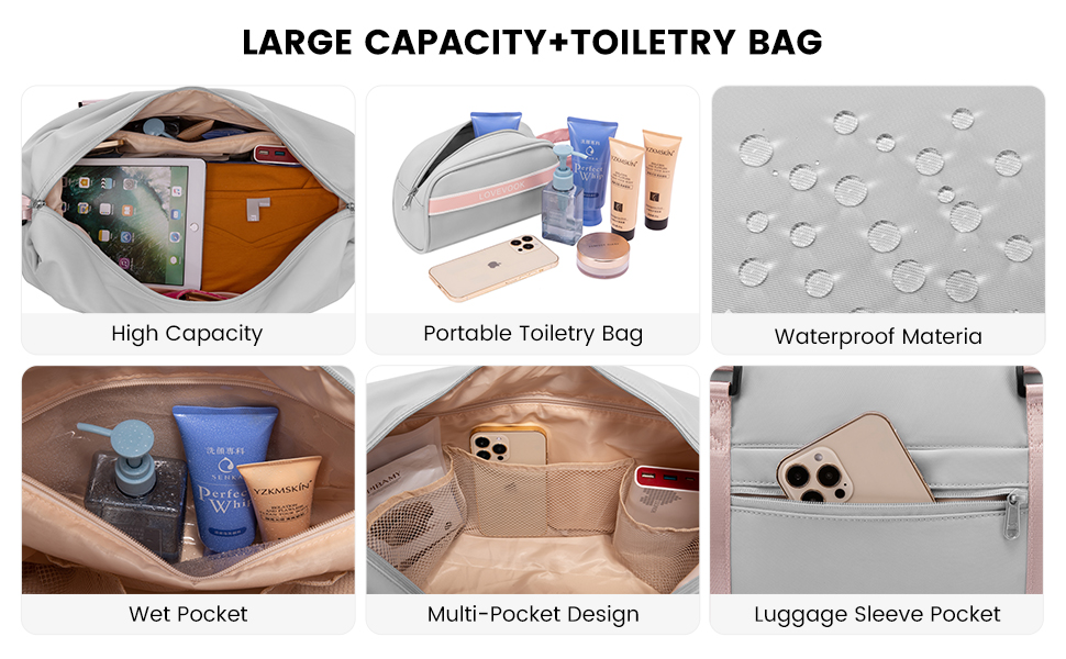 Спортивна сумка LOVEVOOK для жінок: водонепроникна дорожня сумка-мішок, 30L, сіра + рожевий ремінець