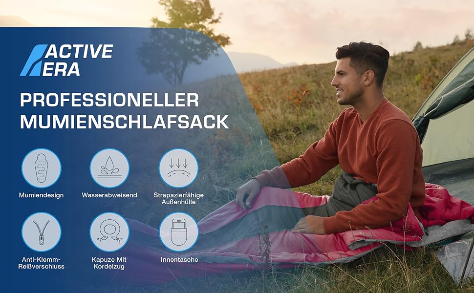Сплячий мішок Active Era Mumienschlafsack для кемпінгу, зимовий та літній, водонепроникний, ветрозахисний, ультралегкий, температурний режим -10°C до 10°C, маленький об'єм при зберіганні, рожевий