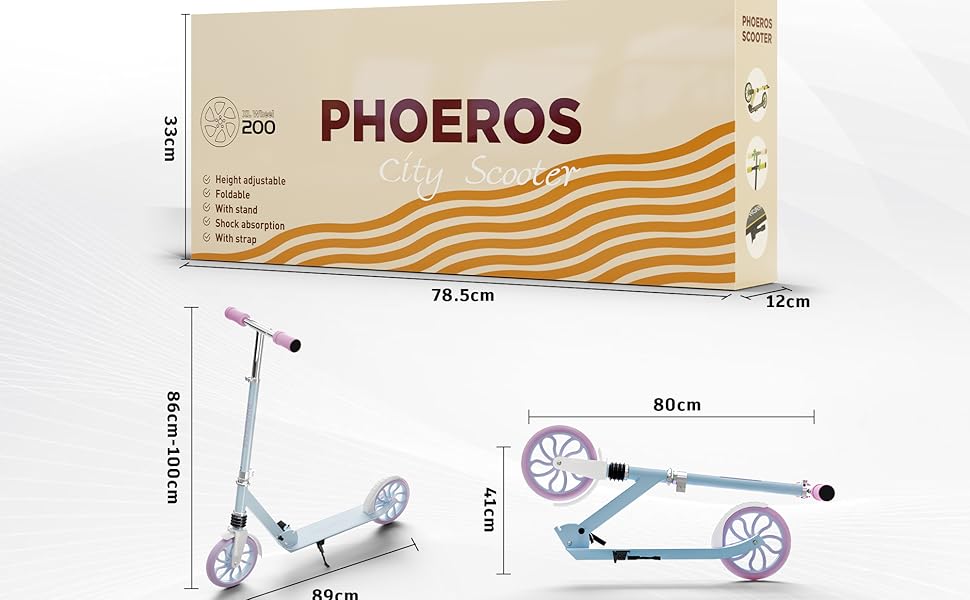 Дитячий трюковий самокат PHOEROS для дітей 6-12 років, підлітків та дорослих. Легкий міський самокат з алюмінію з великими колесами 200 мм, складний, 3-рівнева регулювання висоти, амортизація. (Blue)