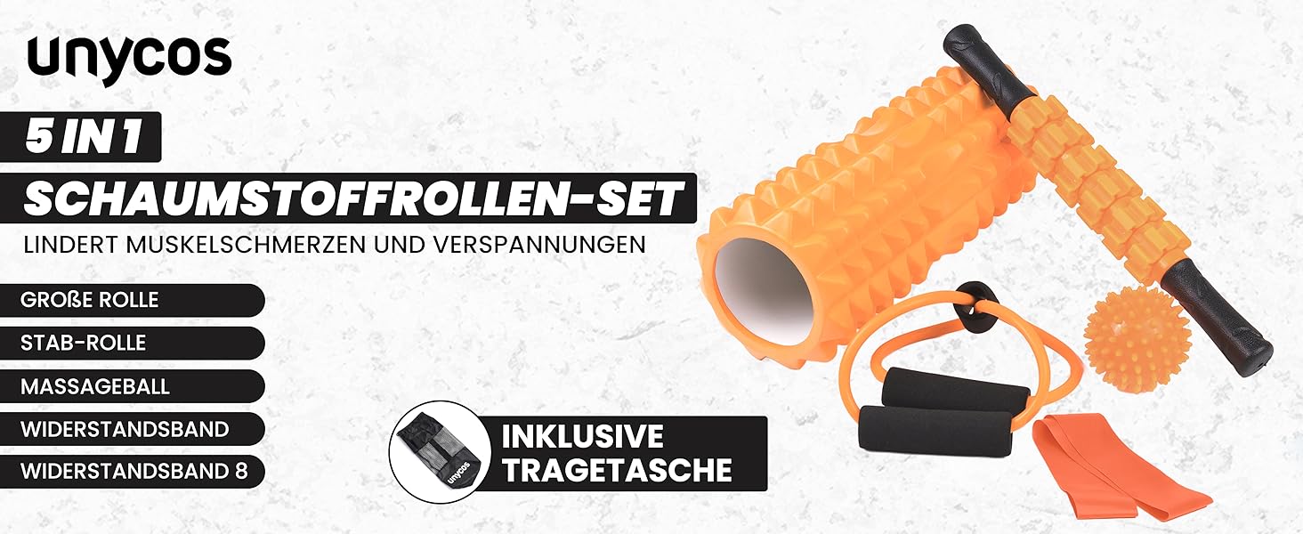 Набір для масажу фасцій Unycos: ролер, стрічка, м'яч, стік, мотузка, сумка | До 120 кг, чорний/оранжевий