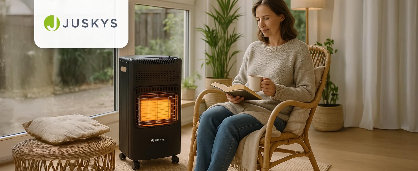 Газова обігрівач Juskys® GS42US чорного кольору - 4200 Вт з регулятором тиску та шлангом. Мобільний, ефективний та економічний газовий нагрівач/піч/обігрівач