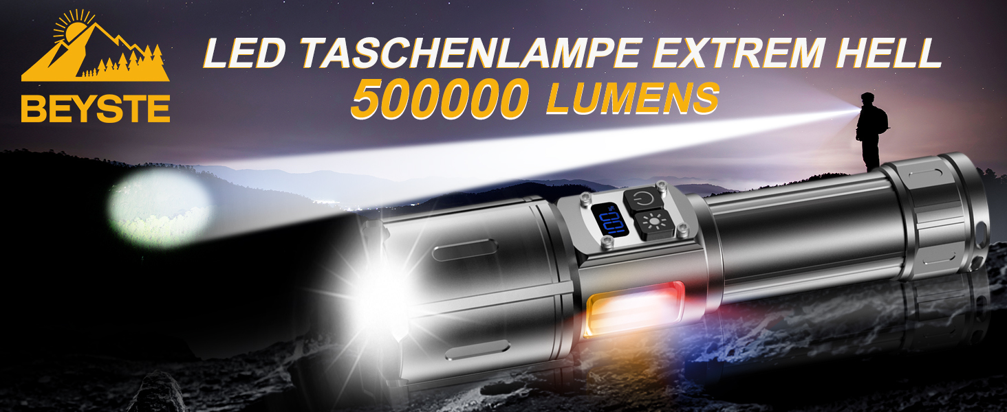 Потужний LED ліхтарик 500 000 Люмен з COB боковим світлом, LCD-дисплеєм та регулюванням яскравості, акумуляторний ліхтар для кемпінгу та outdoor