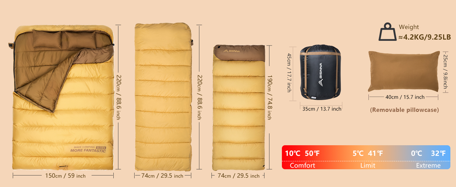 Зимний спальний мішок BISINNA для 2 дорослих, 3 сезони, для кемпінгу та подорожей на автодомі (4.2 кг), зелений (жовтий)