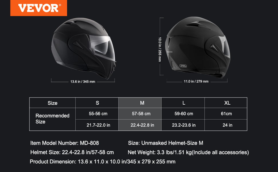 Мотошолом VEVOR без маски, розмір M (57-58 см), ABS-пластик, ECE, з Bluetooth-слотом та змінним склом, для підлітків і дорослих, мотокрос, комфортний