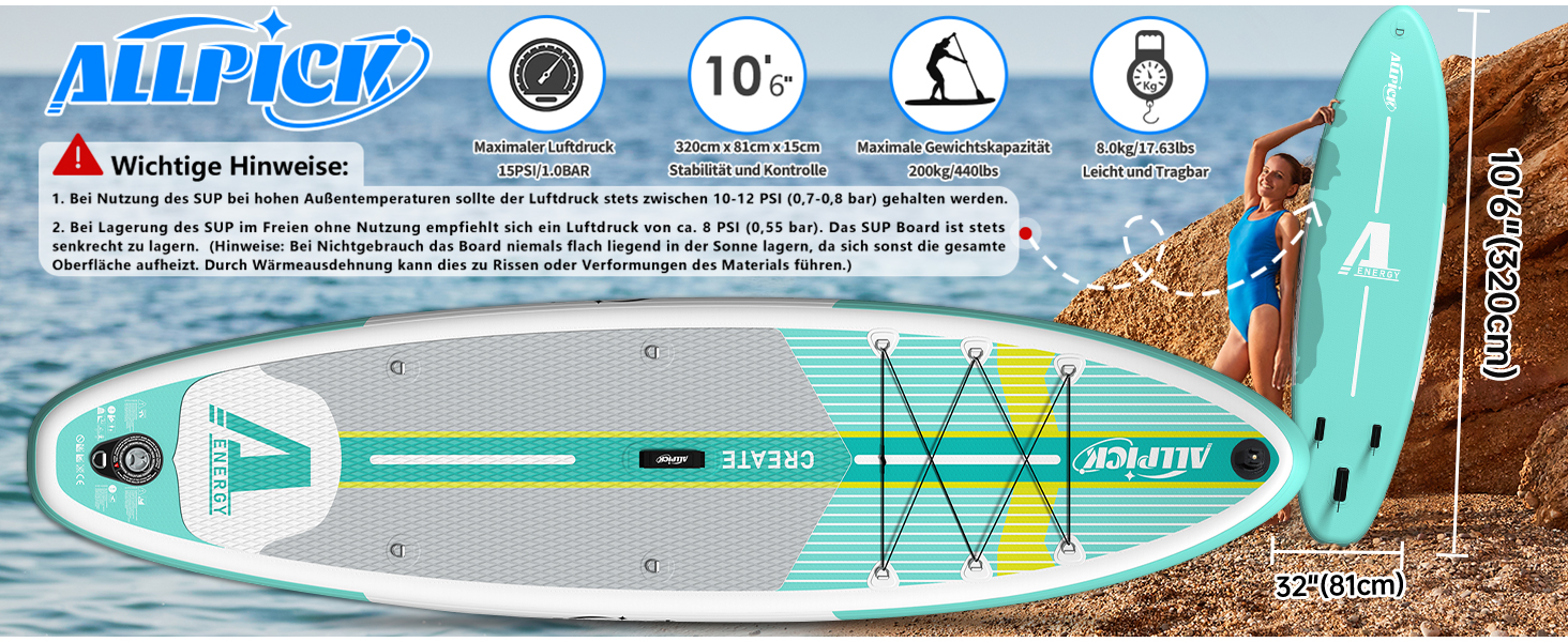 Надувний SUP-борд ALLPICK Premium Set: Комплектація для веслування, камера, аксесуари, регульоване весло (200 кг, свіжий м'ятний)